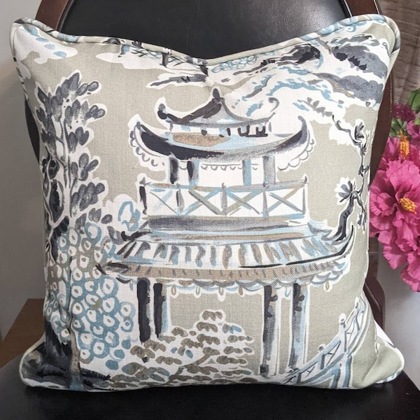 Ming Stone Grey Taupe Chinoiserie Pagoda Toile print Throw Pillow Cover, 100% Cotton