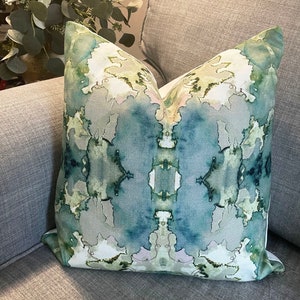 Painterly Watercolor Kaleidoscope Decorative Pillow cover in Greens, Teals, Blues and Multi-colored Neutrals on Printed Cotton