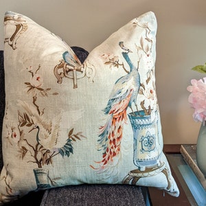 Chinoiserie Botanical Bird,Mint Green, Coral, Teal Decorative Pillow Cover