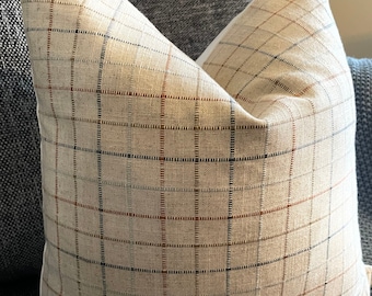 Small Neutral Multi color Stripe Windowpane Plaid Handmade Decorative Pillow Cover- Cover only, Olive, Nutmeg, Blue