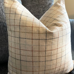 Small Neutral Multi color Stripe Windowpane Plaid Handmade Decorative Pillow Cover- Cover only, Olive, Nutmeg, Blue