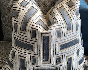 NEW! Blue Geometric Velvet Designer Decorative Pillow Cover - Luxurious Blue-Grey with woven Gold metallic Accents
