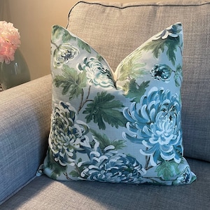 Painterly Botanical Floral Decorative Pillow cover in Blue, Celadon and Leaf greens with bold white brush strokes