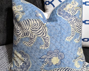 Katmandu Tibetan Dragon Blue and Ivory Chinoiserie Decorative Pillow Cover