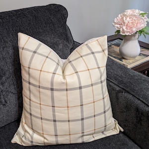 Modern Farmhouse or Urban Vintage Cream, Black and Clay Windowpane Plaid Cotton Handmade Decorative Pillow Cover