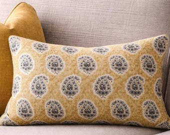 Block Print Linen. Floating mini-paisley block print Designer Decorative Pillow Cover -  Available in Yellow Ochre, (Blue & Aqua - limited)