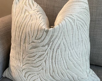 NEW! Luxurious White & Silver Velvet Designer Decorative Pillow Cover - Shades of White Angora Animal stripe velvet on gray metallic ground