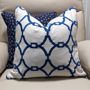 Blue and White Vern Yip &quot;Lamina&quot; Embroidered Decorative Pillow Cover - Cobalt Chinoiserie Trellis