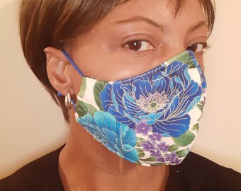 Chinoiserie Flower Face Mask, with Blue metallic gold, bestseller, 6 remaining SOFT 100% COTTON, Filters, Blue elastic - WASHABLE & Reusable