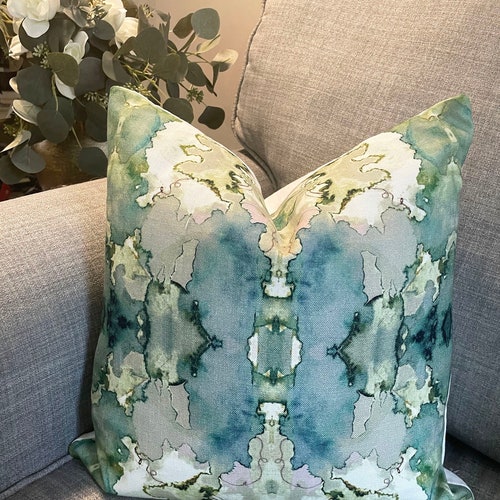 Painterly Watercolor Kaleidoscope Decorative Pillow cover in Greens, Teals, Blues and Multi-colored Neutrals on Printed Cotton