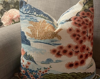 Beautiful Japanese Garden Inspired Decorative Pillow Cover - Shades of Green, Blue, Coral on Cream Cotton