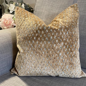 NEW! Golden Camel and Aqua Geometric Velvet Designer Decorative Pillow Cover - Luxurious Cut Velvet