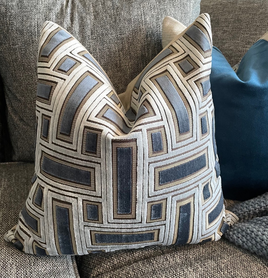 NEW! Blue Geometric Velvet Designer Decorative Pillow Cover Luxurious