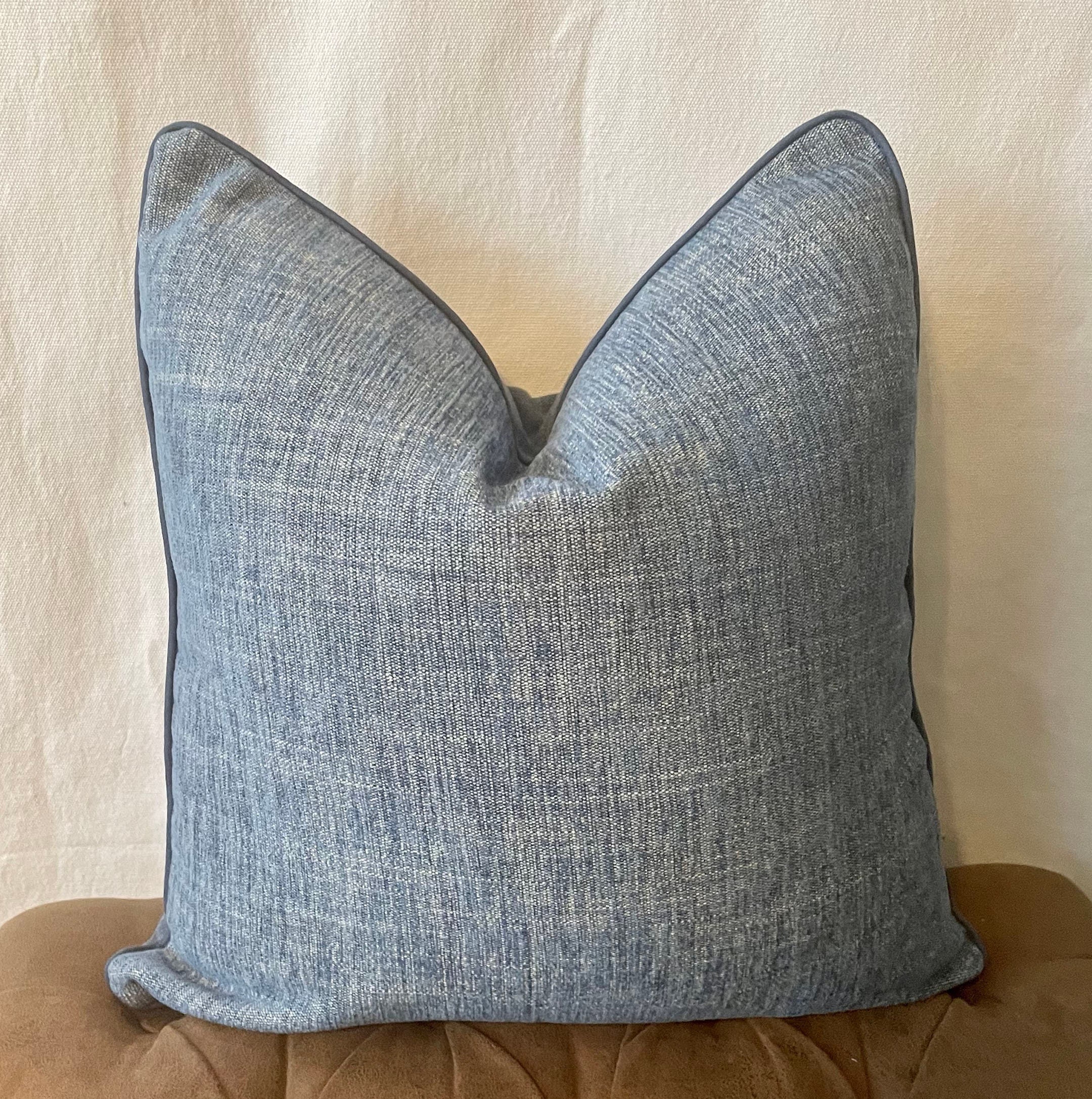 Blue denim-like chenille with Chambray piping Pillow cover, Soft Acrylic Cotton Linen Blend - with or without welt piping