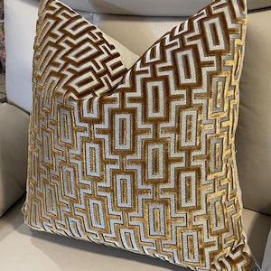 NEW! GOLD Geometric Velvet Designer Decorative Pillow Cover - Luxurious Golden Cut Velvet on Natural ground - Designer Fabric