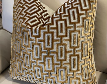 NEW! GOLD Geometric Velvet Designer Decorative Pillow Cover - Luxurious Golden Cut Velvet on Natural ground - Designer Fabric