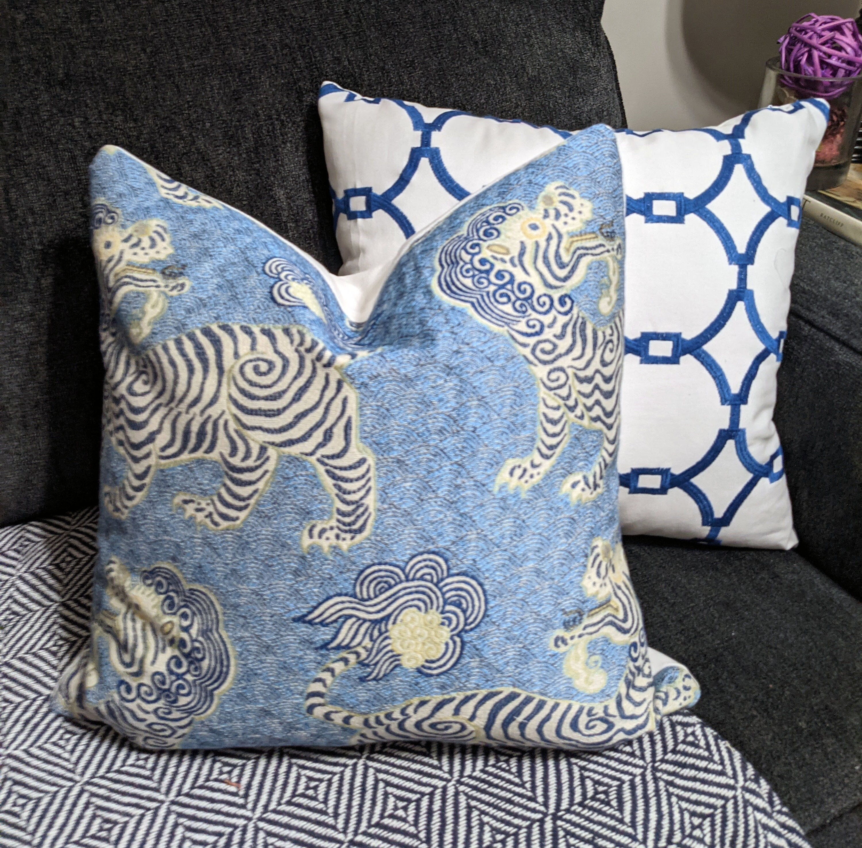 Katmandu Tibetan Dragon Blue and Ivory Chinoiserie Decorative Pillow Cover