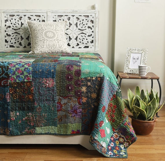 Bohemian Patchwork Quilt Kantha Quilt Handmade Vintage Quilts Etsy