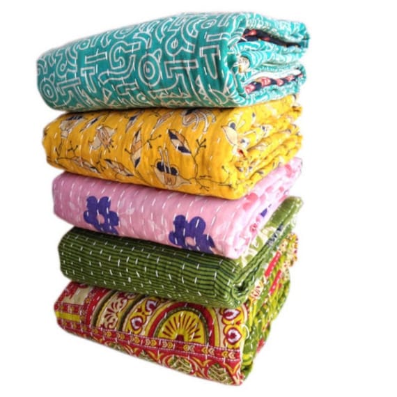 Indian Vintage Kantha Quilt Handmade Throw Reversible Cotton Blankets 1 Quilt Assorted Colors