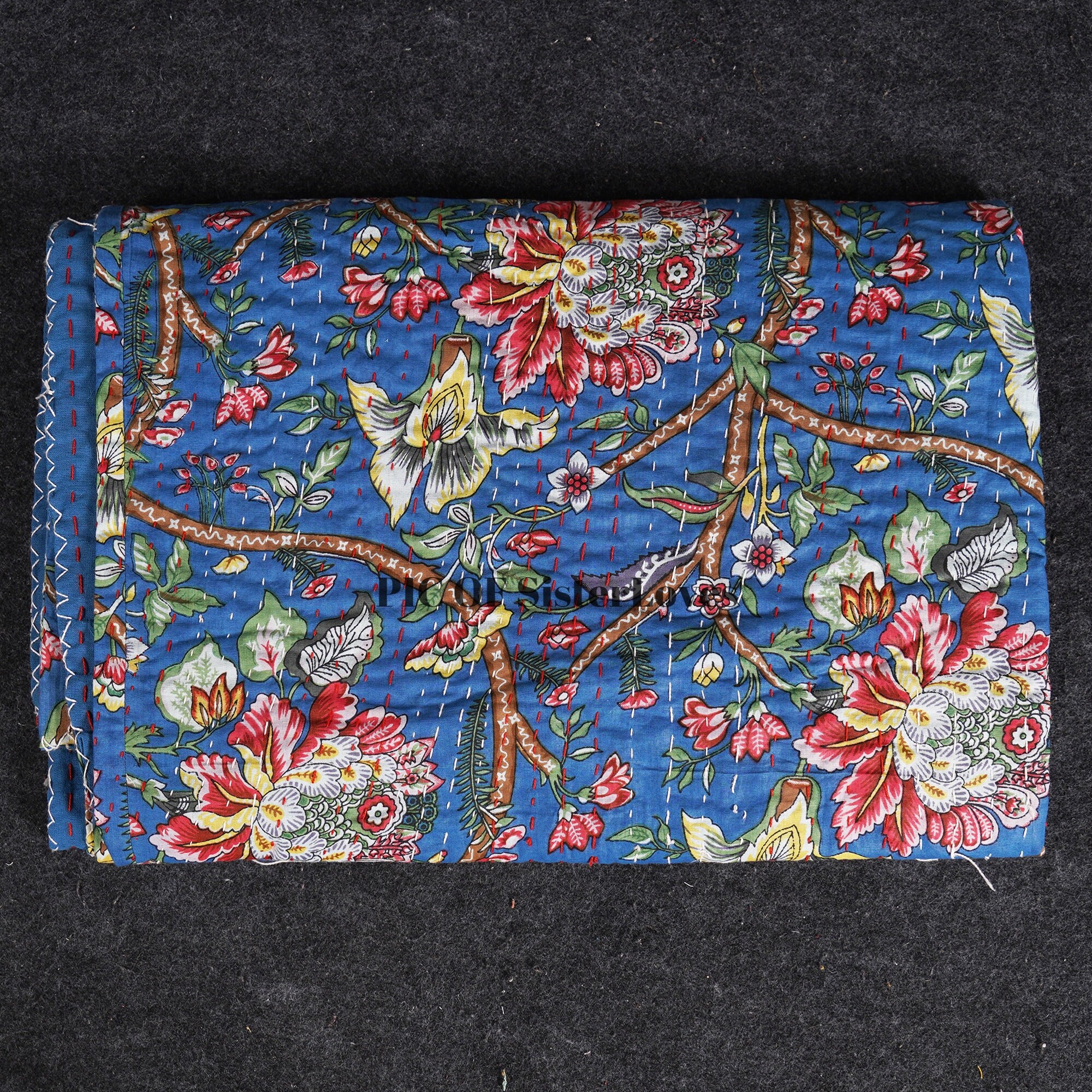 Kantha Quilt Block Printed Kantha Blanket Cotton Kantha Etsy