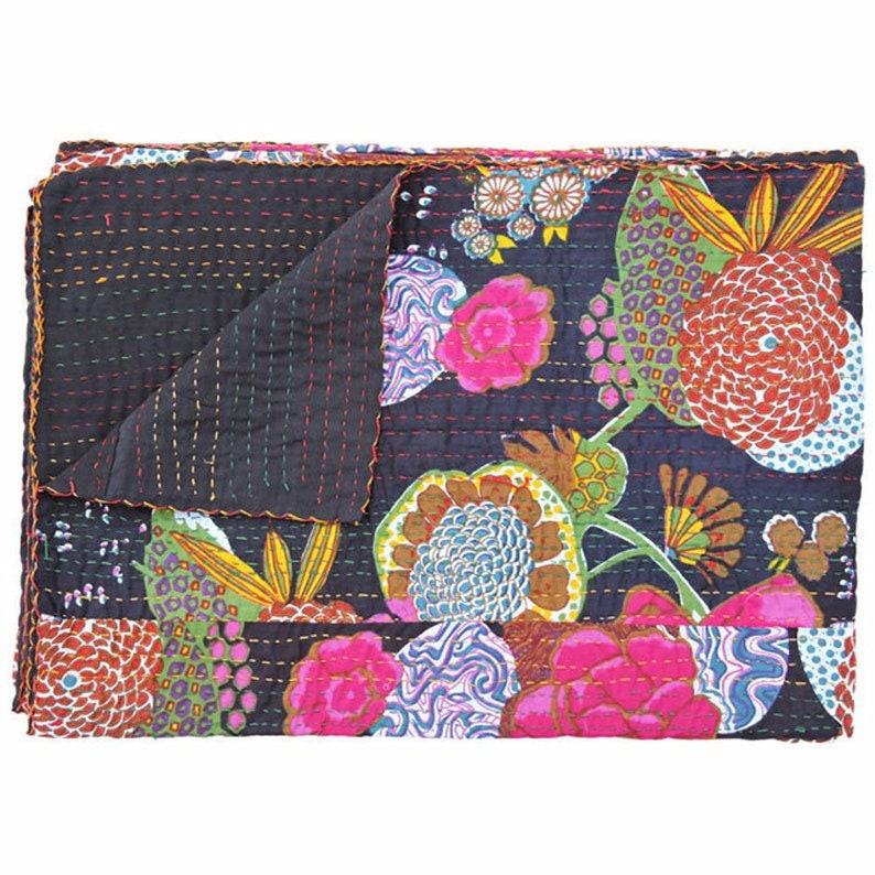 Floral Print Indian Kantha Quilt Bohemian Kantha Quilts Etsy
