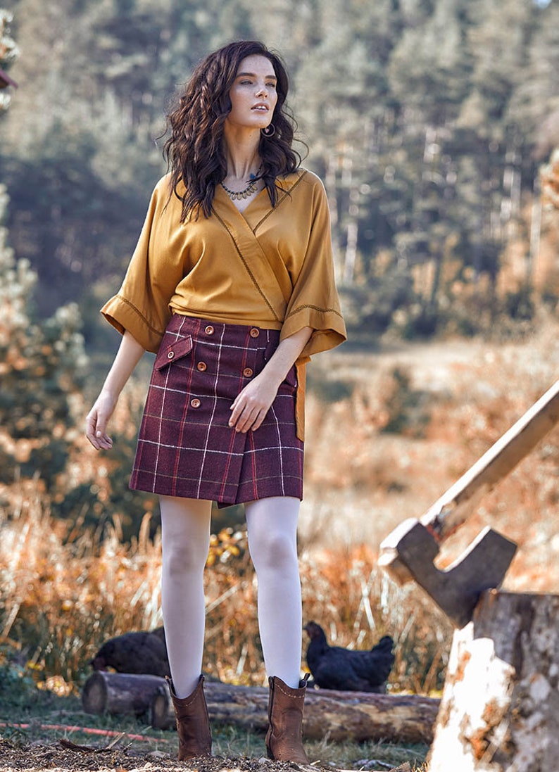 Maroon Bohemian Skirt Boho Mini Skirt Plaid Winter Skirt