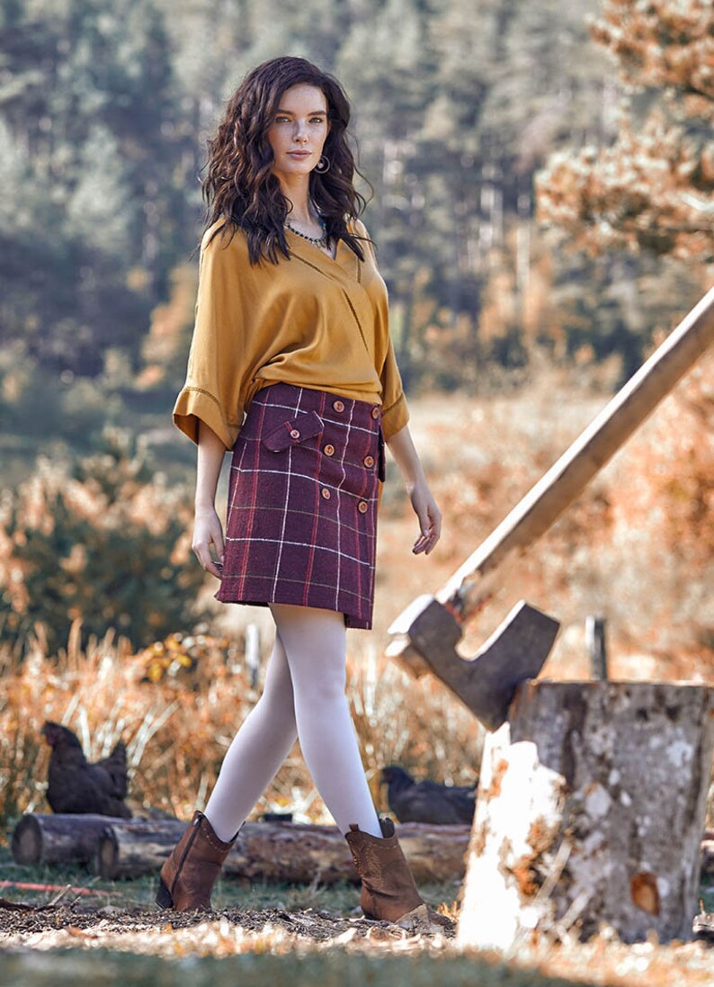 Maroon Bohemian Skirt Boho Mini Skirt Plaid Winter Skirt