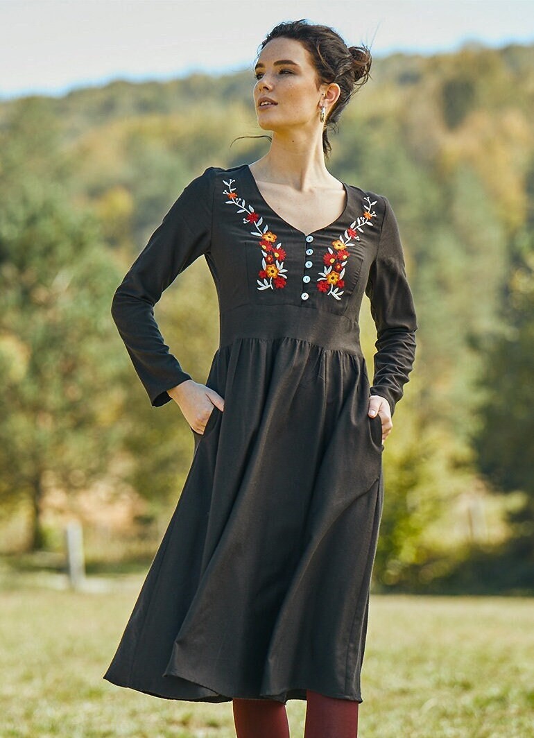 Black Boho Dress Embroidered Peasant 