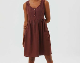 Casual Cotton Dress, Fit and Flare Brown Midi Dress