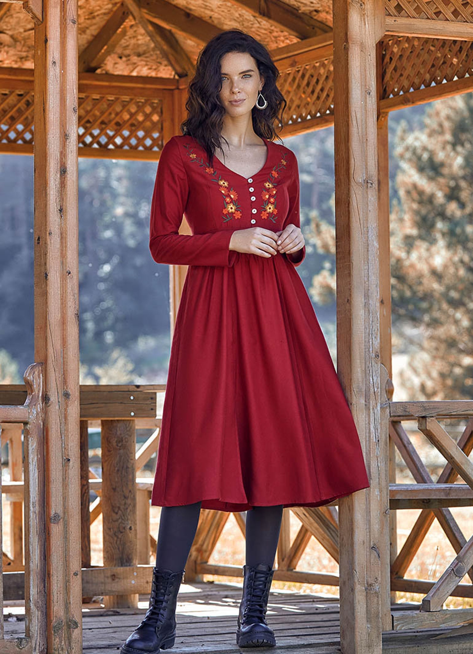 Red Boho Dress Embroidered Peasant Dress Long Sleeve Fall Etsy
