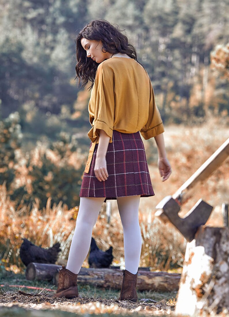 Maroon Bohemian Skirt Boho Mini Skirt Plaid Winter Skirt