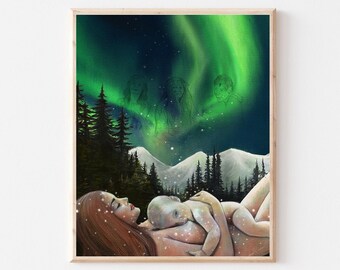Oneness Art Print: Mother, Baby, Northern Lights, Ancestral Wall Decor