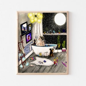 Full Moon Ritual, art print, boho, chill, heal, bath, plants, starry sky, aura cleanse, unconventional, eclectic