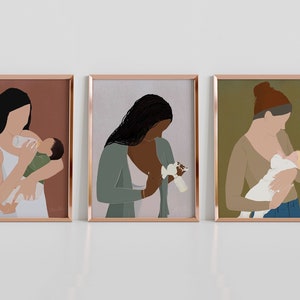 Lactation Art Trio, lactation art, pumping, breastfeeding, bottle, minimalist, midwife, ibclc, medical art, women's health art prints