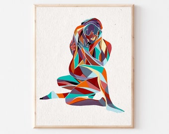 May include: Abstract art print of two figures in a loving embrace, with a colorful geometric design in shades of red, blue, green, and yellow.