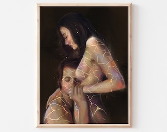 Precious Scars, Kintsugi, japanese, gold, lovers art, art for wedding, couples art, people painting, kissing art, hugging art, embrace