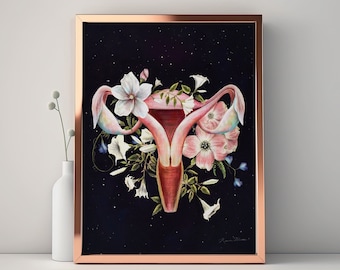 May include: A pink anatomical illustration of a uterus surrounded by white and pink flowers on a black background with white stars.