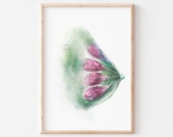 Impresión en acuarela de anatomía mamaria en período de lactancia: Arte floral para ginecología y obstetricia