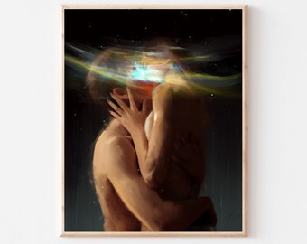 Wydruk artystyczny „Pocałunek jak melodia”: Abstrakcyjni kochankowie, gwiazdy kosmosu