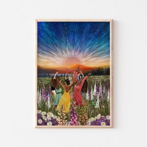 Litha, pagan art, summer, solstice, wildflowers, spring art, dancing women, goddess, divine feminine, sunset, field of flowers, twilight