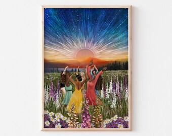 May include: Five women in colorful dresses dance in a field of wildflowers. The sky is a vibrant blue with a burst of light radiating from the center. The women are silhouetted against the light, creating a sense of joy and celebration.