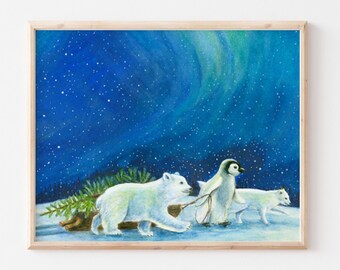 Winter Friends, holiday art, blue watercolor, polar bear art, fox, animal art, Christmas art, blue, northern lights