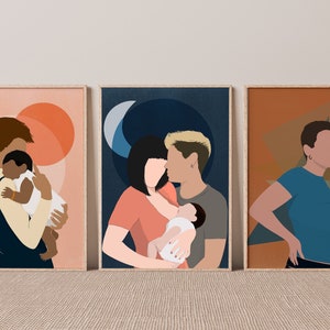 May include: Three framed illustrations depicting different families. The first illustration features a person holding a baby in their arms against a pink background with orange circles. The second illustration features two people holding a baby in their arms against a blue background with a crescent moon. The third illustration features a person with a pregnant belly against a brown background with geometric shapes.