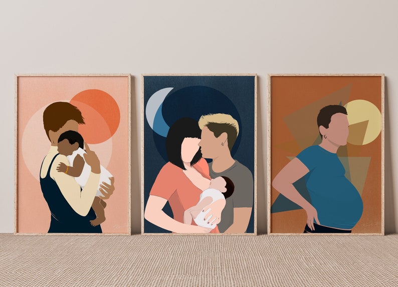 May include: Three framed illustrations depicting different families. The first illustration features a person holding a baby in their arms against a pink background with orange circles. The second illustration features two people holding a baby in their arms against a blue background with a crescent moon. The third illustration features a person with a pregnant belly against a brown background with geometric shapes.