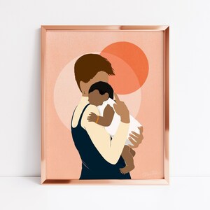 May include: A digital illustration of a person holding a baby. The person is wearing a navy blue dress and a white sweater. The baby is wearing a white onesie. The background is a peach color with two large orange circles.