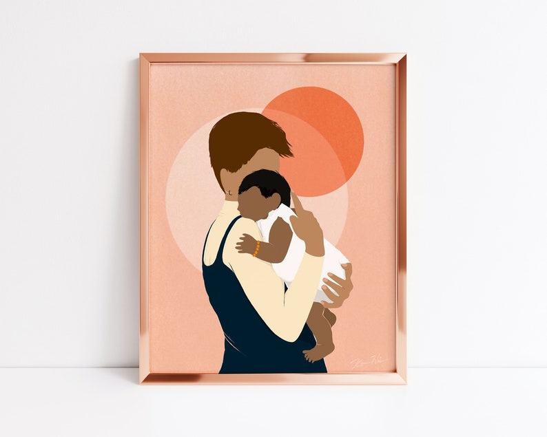 May include: A digital illustration of a person holding a baby. The person is wearing a navy blue dress and a white sweater. The baby is wearing a white onesie. The background is a peach color with two large orange circles.