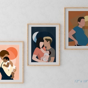 May include: Three framed illustrations of a couple with a baby. The first illustration is a couple holding a baby in a dark blue and peach color scheme. The second illustration is a couple holding a baby in a dark blue and light blue color scheme. The third illustration is a person holding a baby in a dark blue and orange color scheme.