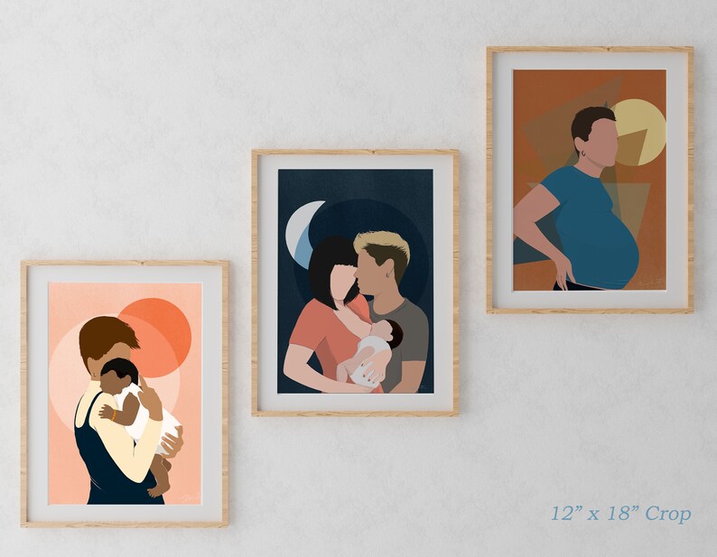 May include: Three framed illustrations of a couple with a baby. The first illustration is a couple holding a baby in a dark blue and peach color scheme. The second illustration is a couple holding a baby in a dark blue and light blue color scheme. The third illustration is a person holding a baby in a dark blue and orange color scheme.