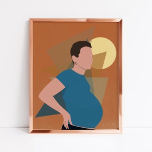 May include: A digital illustration of a person with short brown hair wearing a blue t-shirt and standing in front of a geometric background with orange, yellow, and brown shapes.