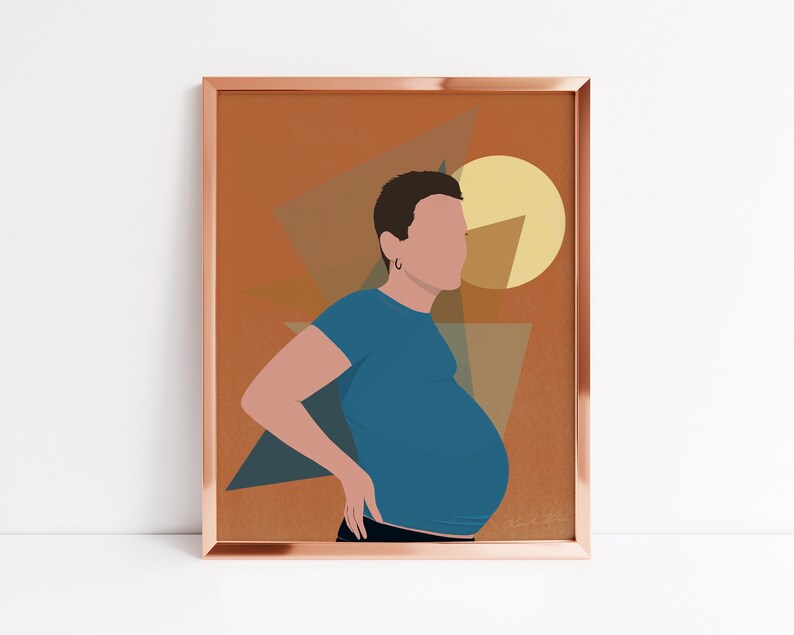 May include: A digital illustration of a person with short brown hair wearing a blue t-shirt and standing in front of a geometric background with orange, yellow, and brown shapes.